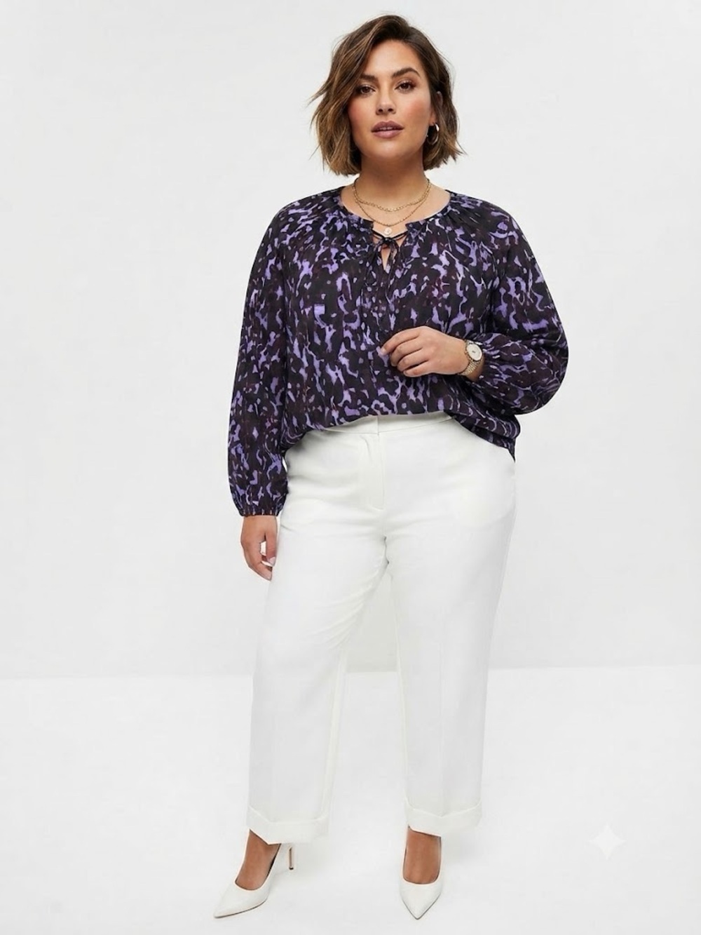 Terra & Sky Women’s Plus Size Purple and Black Tie Front Blouse Long Sleeves